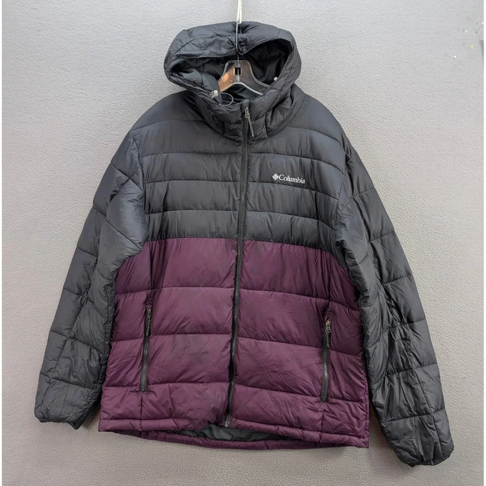 Columbia Puffer Jacket Hooded Insulated Men's XL Gray Purple Nylon Colorblock